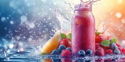 Refreshing smoothie splash with vibrant fruits on a bright summer day photo