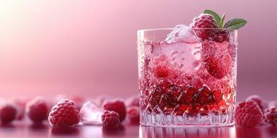 Refreshing raspberry drink with ice and mint leaves in a crystal glass on a soft pink background during summer photo