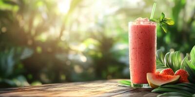 Refreshing fruit smoothie in a natural setting with vibrant greenery photo