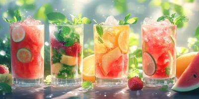 Refreshing summer drinks served in clear glasses with fruits and mint garnishes in a lush outdoor setting photo