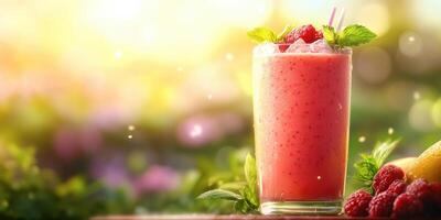 Refreshing raspberry smoothie in a garden setting during golden hour sunlight photo