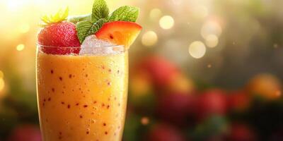 Refreshing tropical cocktail garnished with fresh fruit served in a glass during a sunny day gathering photo
