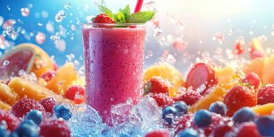 Refreshing fruit smoothie surrounded by vibrant berries and tropical fruits on a sunny day photo