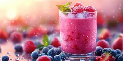 Refreshing berry smoothie garnished with mint leaves and fresh fruits in a vibrant setting during daylight photo