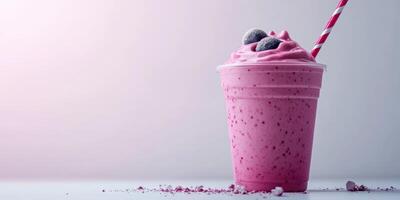 Bright pink smoothie topped with grey candies in a clear cup against a soft gradient background photo