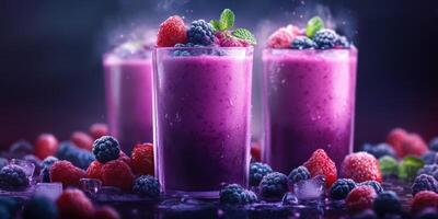 Colorful berry smoothies served in clear glasses with fresh fruits on a dark background photo