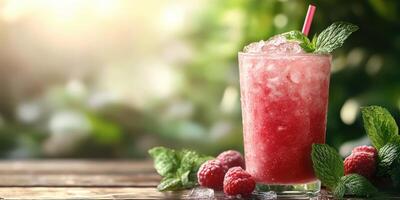 Refreshing raspberry mint drink served in a glass with ice and garnished with fresh mint leaves photo