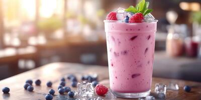 Refreshing berry smoothie served in a glass with ice and mint leaves during a sunny afternoon indoors photo