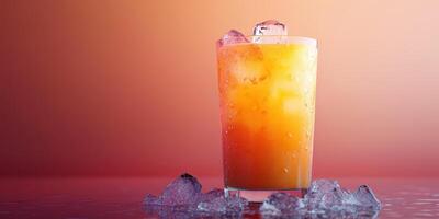 Refreshing mixed drink served over ice in a clear glass against a vibrant gradient background during sunset photo