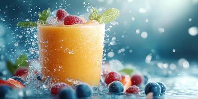 Refreshing fruit smoothie splashes over ice in a vibrant setting during a sunny afternoon photo