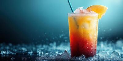Colorful tropical drink with ice and orange slice in a dimly lit atmosphere at a beach bar photo
