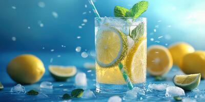 Refreshing lemon drink with mint and ice against a bright blue backdrop photo