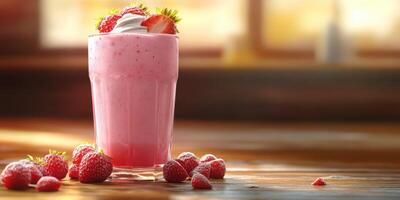 Refreshing strawberry milkshake served in a tall glass with whipped cream and fresh berries on a wooden table photo