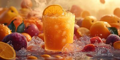 Refreshing orange drink surrounded by fresh fruits and ice with vibrant colors and textures photo