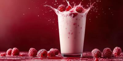 Raspberry smoothie splashes in a glass surrounded by fresh berries on a vibrant red background photo