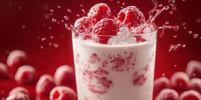 Refreshing raspberry drink splashed with ice and bubbles against a vivid red background photo