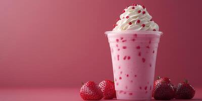 Delicious strawberry milkshake topped with whipped cream and red sprinkles against a pink background photo