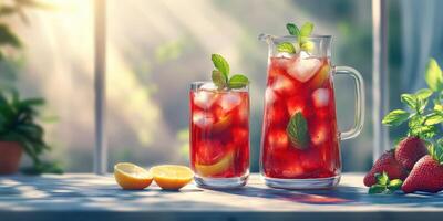 Refreshing strawberry lemonade served in a pitcher and glass on a sunlit table with fresh mint and lemon slices photo