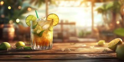 Refreshing cocktail with lime and mint on a tropical beach during sunset photo