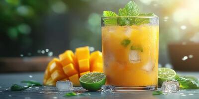 Refreshing tropical drink with mango and lime in a vibrant setting at a sunlit bar photo