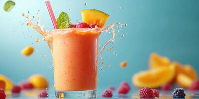 Delicious tropical smoothie with fresh fruits splashing in a vibrant setting photo