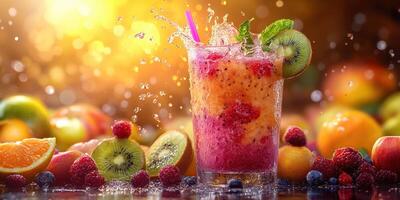 Refreshing fruit smoothie with splashes of water against a colorful fruit backdrop in a bright setting photo