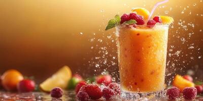 Refreshing tropical smoothie with vibrant fruits splashing in cool water droplets during a sunny day photo