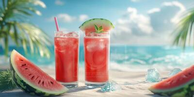 Refreshing watermelon drinks enjoyed on a tropical beach under a clear blue sky with palm trees swaying gently photo