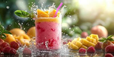 Refreshing fruit smoothie with vibrant colors and splashes captured in natural lighting during the day photo