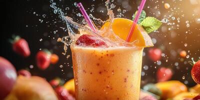 Fresh fruit smoothie splashes in vibrant colors with strawberries and oranges during summer afternoon photo