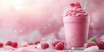 Refreshing raspberry smoothie with mint on a pink background, ideal for summer enjoyment or a fruity treat photo
