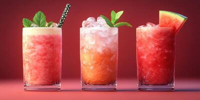 Refreshing summer drinks served in clear glasses with vibrant colors and garnishes on a smooth surface photo