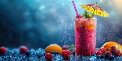 Colorful summer cocktail with fruit garnish served on a vibrant blue background with ice and splash effects photo