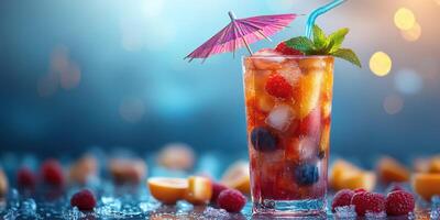 Colorful summer cocktail with fruits and garnish served in a glass on a reflective surface photo