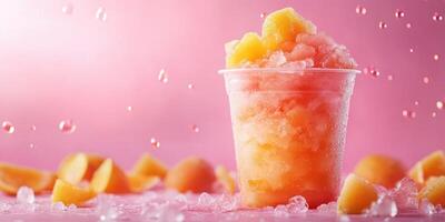 Refreshing frozen treat in a cup surrounded by juicy fruit on a vibrant pink background photo