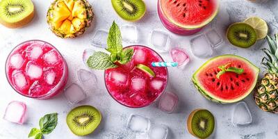 Refreshing summer fruit cocktails with watermelon, kiwi, and pineapple on a light surface photo