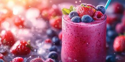Refreshing berry smoothie filled with strawberries and blueberries in bright setting photo