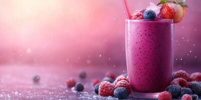 Colorful berry smoothie garnished with fresh fruits and ice on a wooden surface during golden hour lighting photo