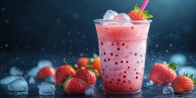 Refreshing strawberry smoothie on a dark background with fresh fruits and ice photo