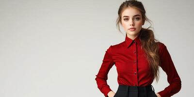 Elegant model poses confidently in a chic red blouse and high-waisted skirt against a minimalist backdrop photo