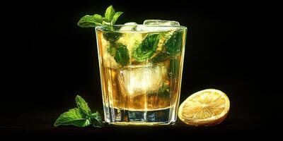 Mojito cocktail served in a glass with mint leaves and a slice of lemon on a dark background photo