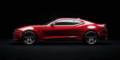 Red sports car parked against a black background showcasing sleek design and powerful presence photo