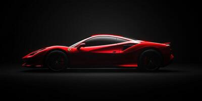 Sleek red sports car displayed in dramatic lighting showcasing its aerodynamic design and powerful curves photo