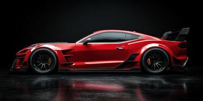 Exquisite red sports car displayed under dramatic lighting in a sleek, dark environment on a reflective surface photo