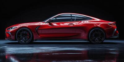 Sleek red sports car showcased in dramatic lighting highlighting its curves and design photo