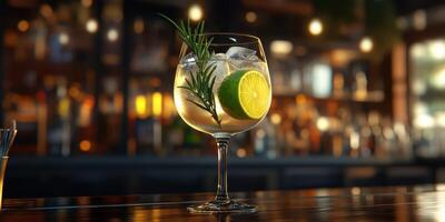 Refreshing cocktail garnished with lime and rosemary in a lively bar setting during the evening photo