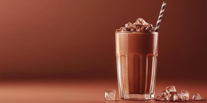 Thick chocolate beverage served with ice and a striped straw against a warm brown background photo