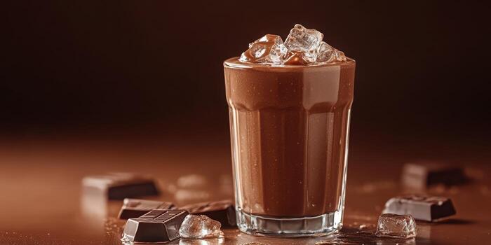 Rich chocolate smoothie with ice cubes served in a tall glass, accompanied by dark chocolate pieces photo