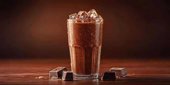Refreshing chocolate drink served with ice cubes and chocolate pieces on a wooden table at a cozy setting photo