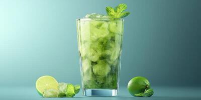 Refreshing mint lime drink with ice and fresh ingredients on a gradient background photo